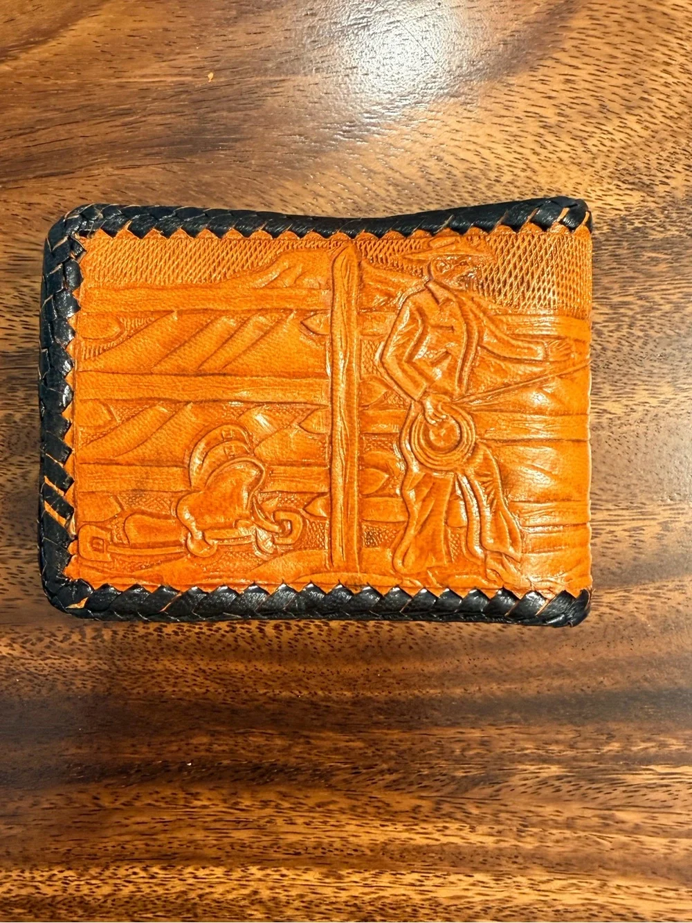 Handcrafted Tooled Brown Leather Wallet & Cardholder Set - Western Horse Design